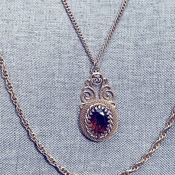 Vintage Pauline Amber Glass Cabochon Multi Chain Pendant Necklace - Picture 3 of 10